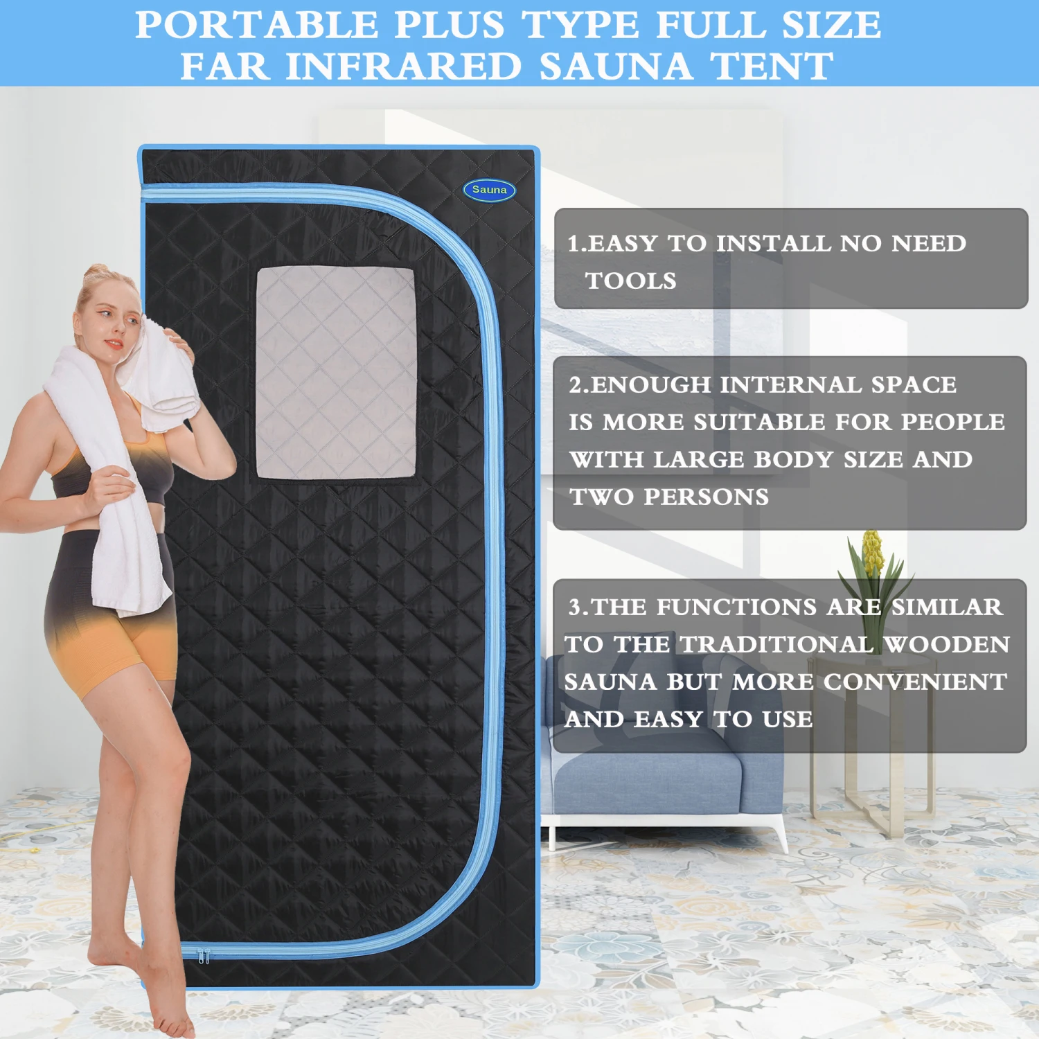 Portable Far Infrared Sauna Tent for Spa, Detox & Therapy at Home - Larger Space, Easy Install, FCC Certified - Black (Blue Bind