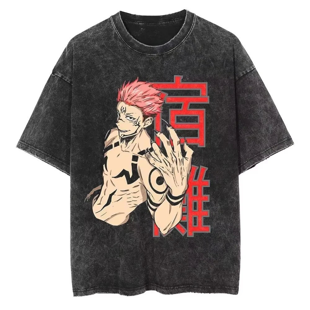 

Футболка унисекс оверсайз с эффектом кислотной стирки в стиле ретро Harajuku, с принтом Рёмен Сукуны из аниме Jujutsu Kaisen, с круглым вырезом, мужская уличная одежда, новинка 2026 года