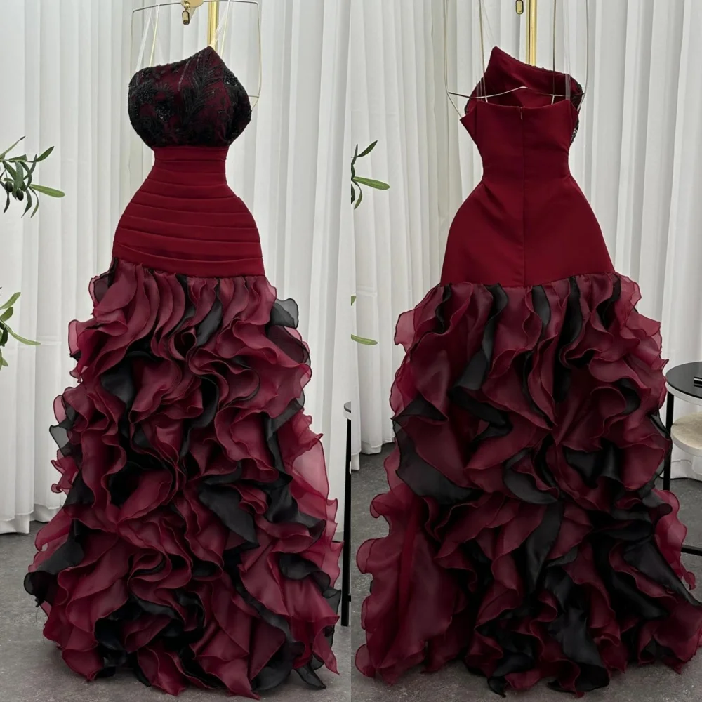 

Customized Modern Style Organza Sequined Pleat A-line Strapless Long Dresses Bespoke Occasion Fashion Sexy