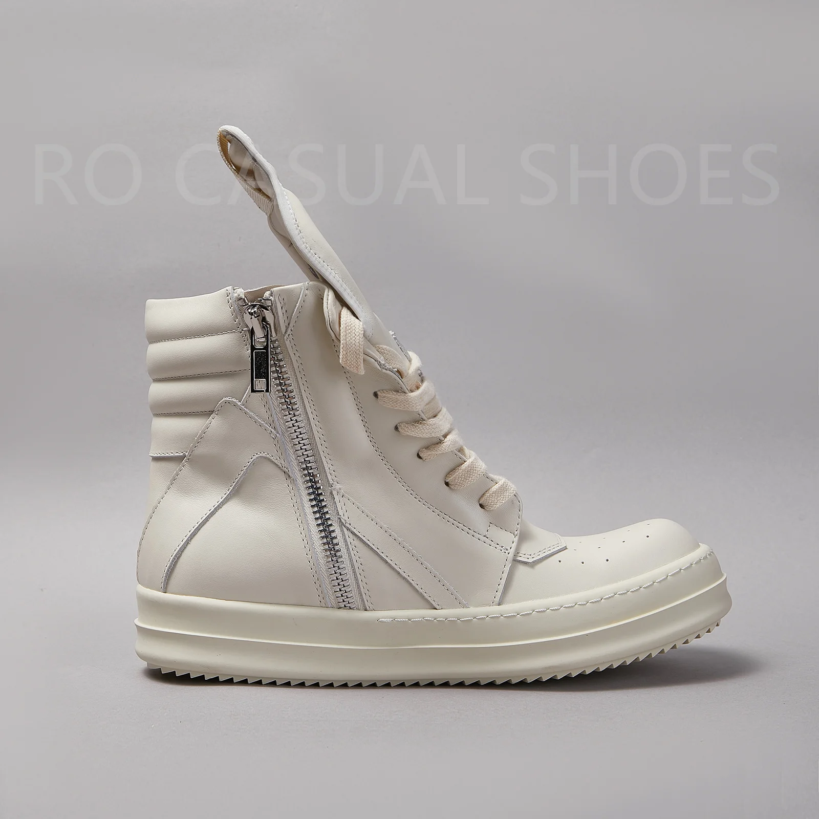 Ricks Genious Beige Leather High Top Geobasket Owens Quality Men Shoe Zipper Women Sneaker Casual Owens Design boots & Shoes