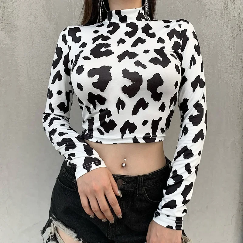 

2023 New Cow Pattern Print Stretchy Crop Tops Women Long Sleeve Turtleneck Skinny High Street Casual Fashion Graphic Tees Shirts