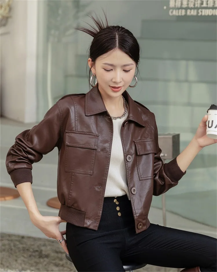 Korean version short leather jacket for women in spring 2024, new lapel loose casual sheepskin leather jacket for women