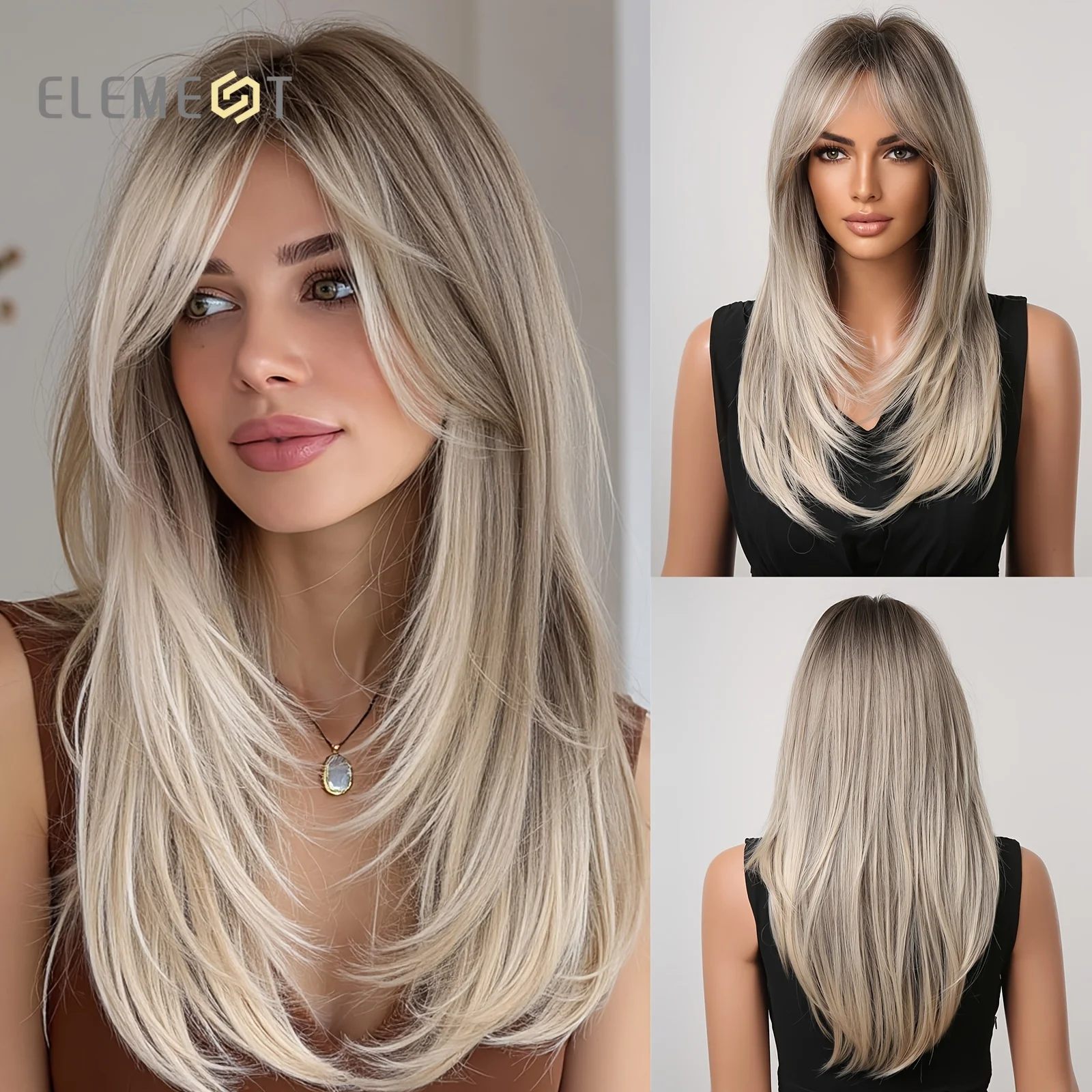 Ash Grey Brown Ombre Long Straight Synthetic Wig with Curtain Bangs for Women High Layered Hair for Natural Chic Daily Look