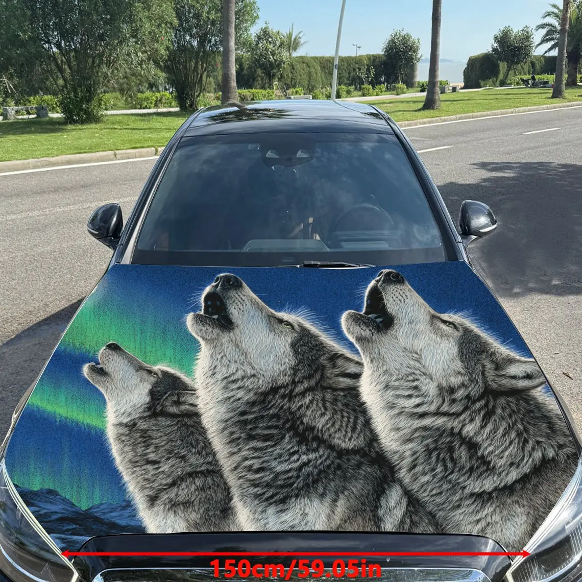 Car Decals Three Wolves Howling Against A Backdrop With Colorful, Aurora - Like Patterns Car Hood Sticker, Waterproof Self - Adh