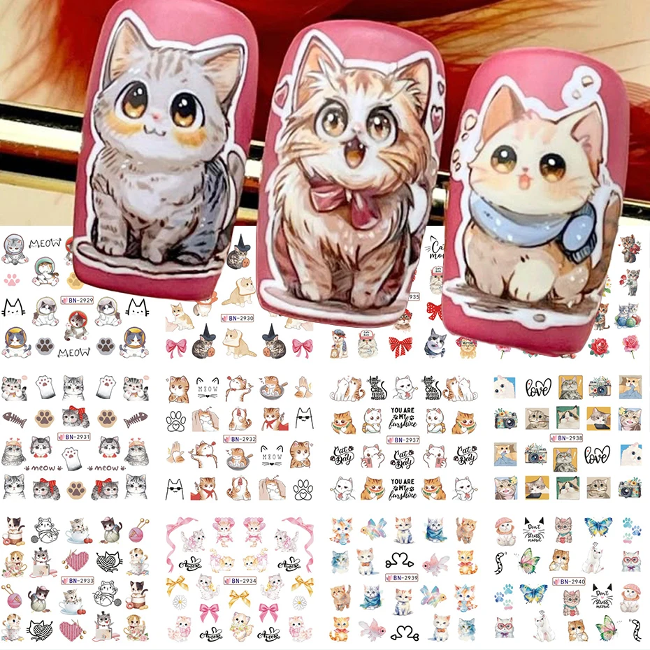 12種類の可愛い漫画風動物ウォーターネイルステッカー、カワイイ猫の漫画柄ネイルデカール、ネイルアートデコレーションDIYに最適