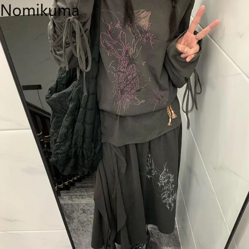 Fashion Skirt Suit Korean Two Piece Sets Y2k Women Clothing O-neck Drawstring Sweatshirts High Waist Print Loose Skirts Outfits