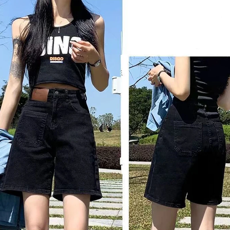 

High Waisted Shorts Woman Casual Wide Leg Pants Womens Shorts 2024 Classic Denim Shorts for Women Summer Black Straight