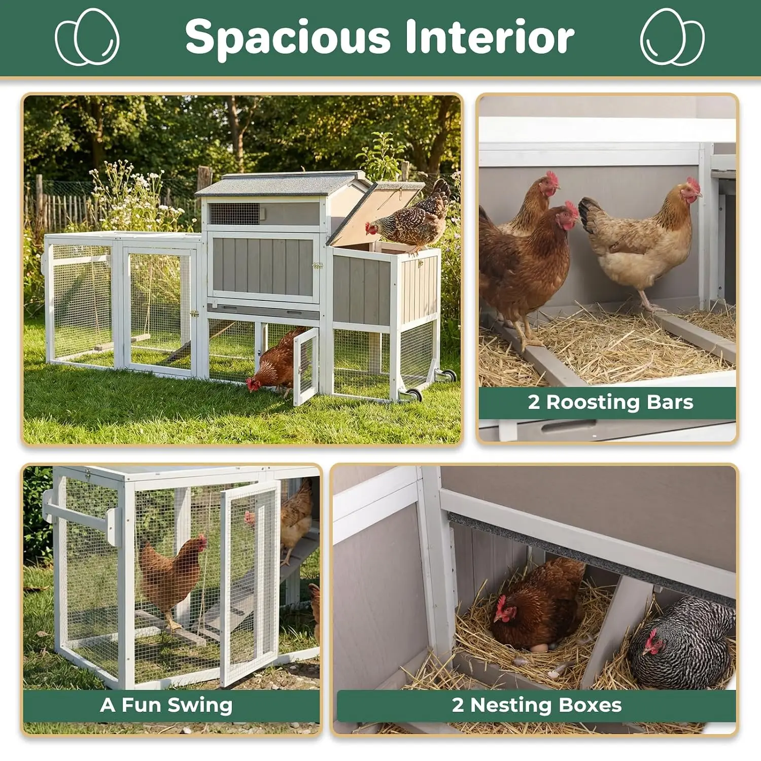 Mobile Chicken Coop with Wheels, Nesting Box, Roosting Bars, Pull-Out Tray, Swing for 4-6 Chickens, Backyard Farm, Customized