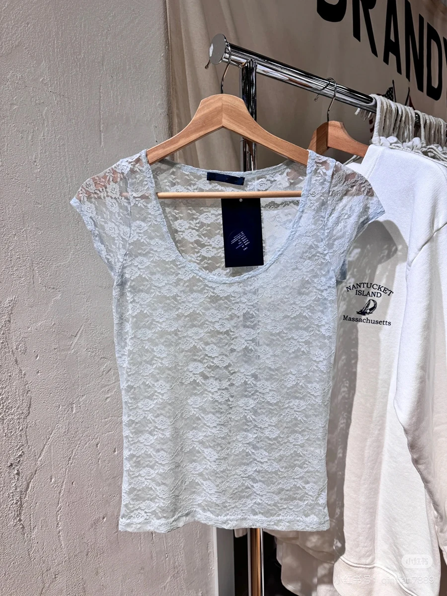 Lace Jacquard Transparent T-shirt Women Scoop Neck Sheer Slim Short Sleeve T-shirts Summer New Sweet Sexy Basic Smock Tops Tees