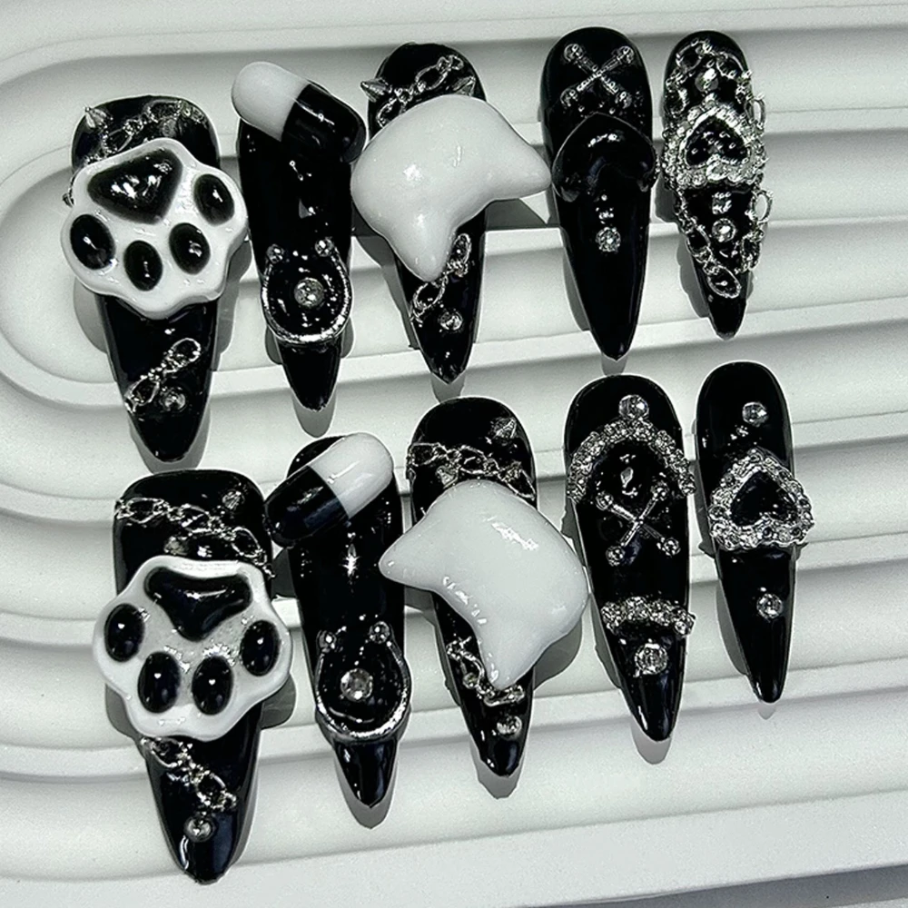 Uñas postizas Kawaii Y2K Gyaru, negras y blancas, con punta larga, hechas a mano, estilo Jirai Kei, con diseño 3D de pata de gato y cruz, uñas postizas Kawaii, arte de uñas oscuro