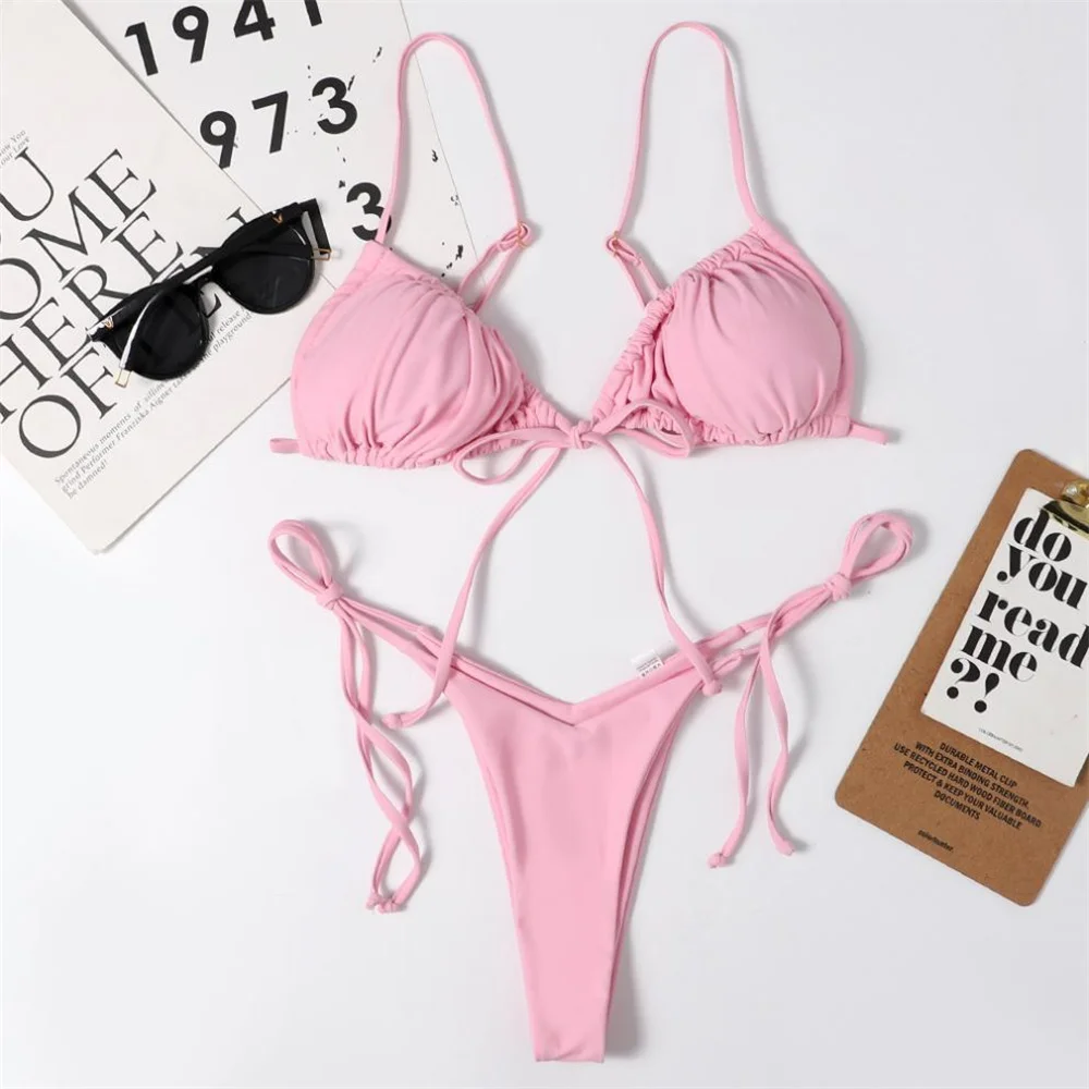 Sexy Sling Bikini Micro String Extreme Swimsuit Pink Bikinis Set Pleated Swimwear Women Bathing Swimming Suit Beach Outfit Tanga