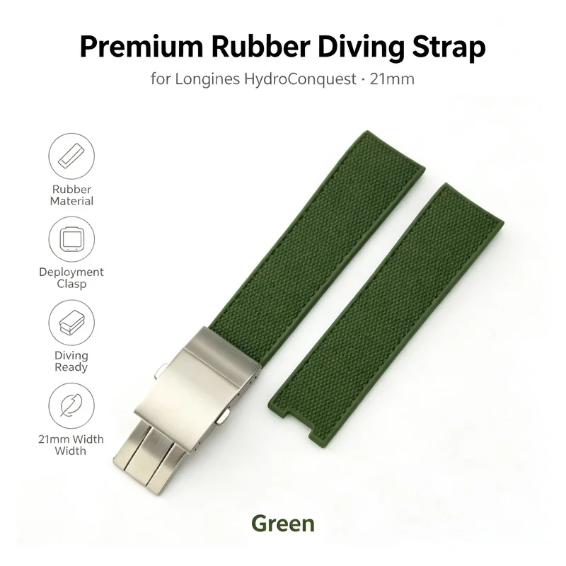 21mm Premium Rubber Strap for Longines HydroConquest L3.642 L3.742 Green Deployment Clasp Diving Men's Replacement Watch Band
