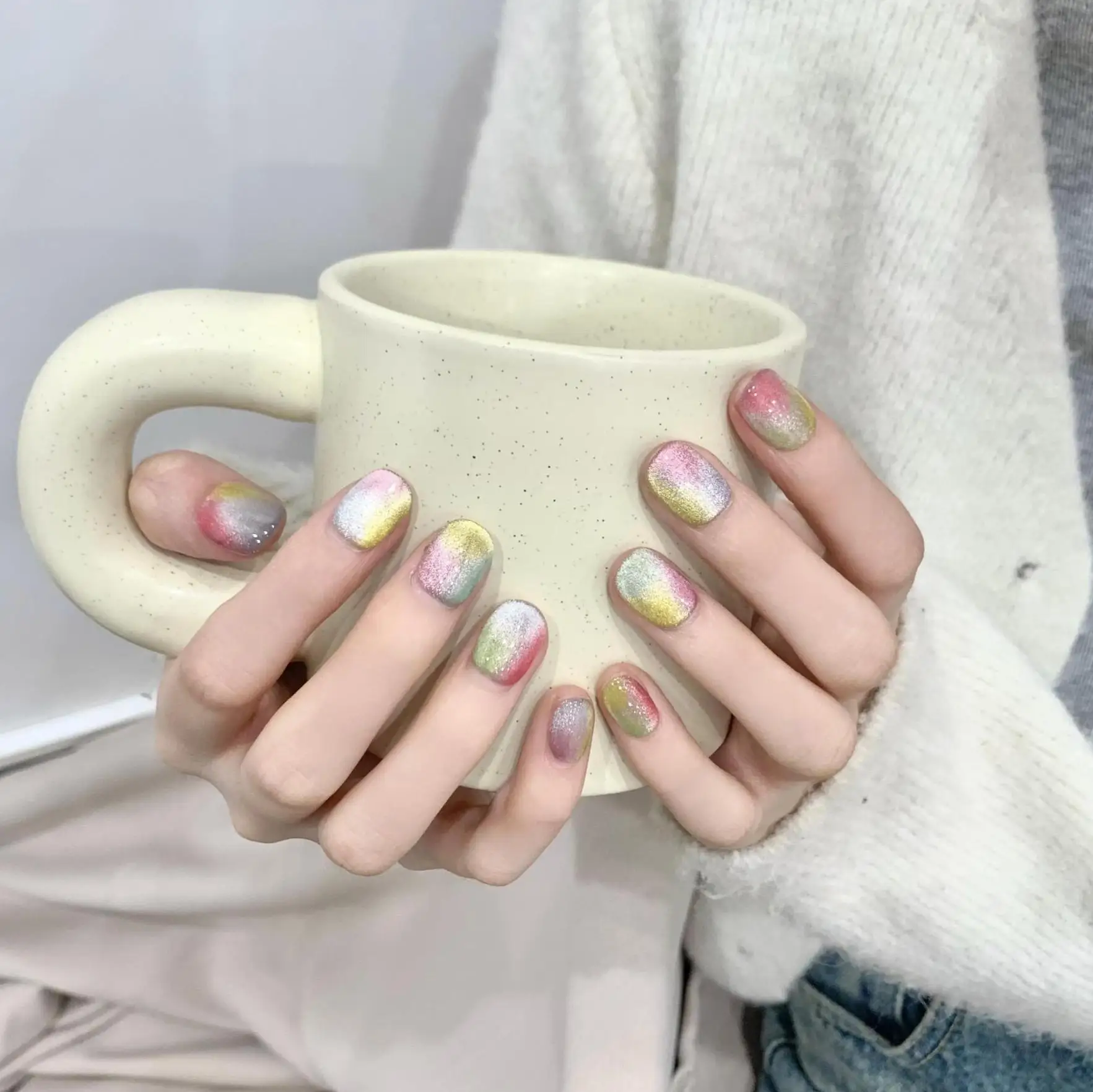 Uñas postizas hechas a mano para mujer y niña, diseño de ojo de gato colorido, manicura corta, arte de puntas artificiales, 10 piezas