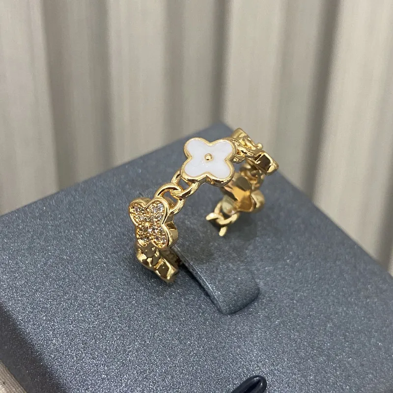 خاتم برسيم أم اللؤلؤ الطبيعي، خاتم البرسيم بأربع أوراق قابل للتعديل للنساء. مجوهرات بيان سحر محظوظ