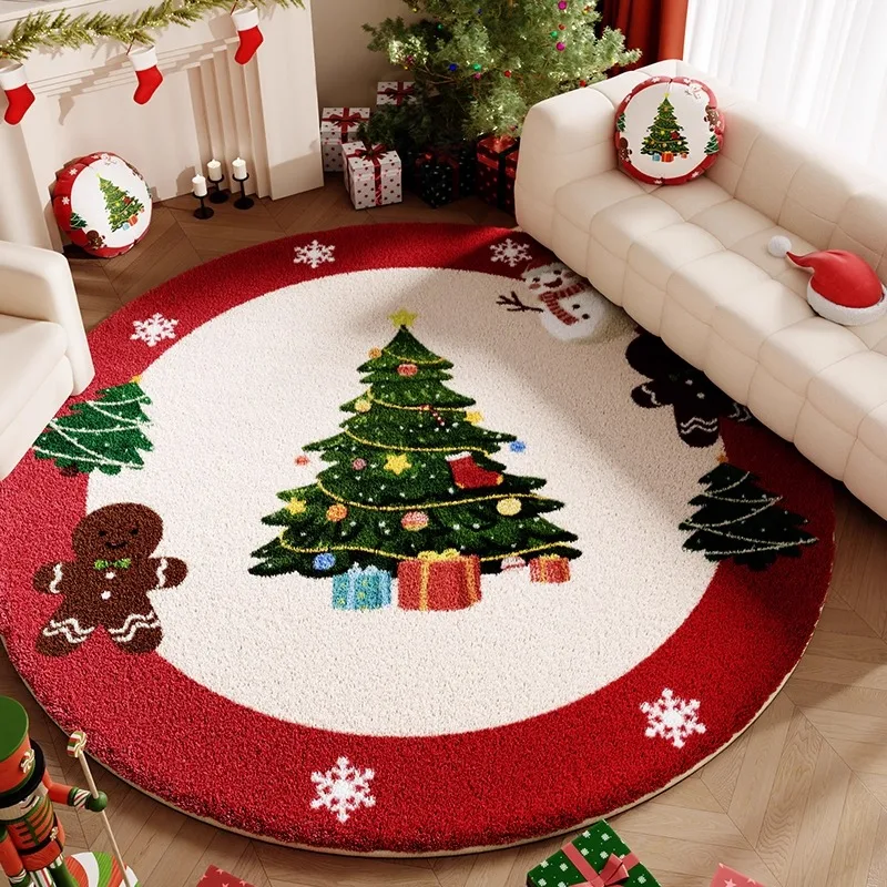 

Retro Round Living Room Carpet Christmas Tree Snowflake Creative Design Bedroom Rug Holiday Home Decoration Cloackroom Mat Tapis