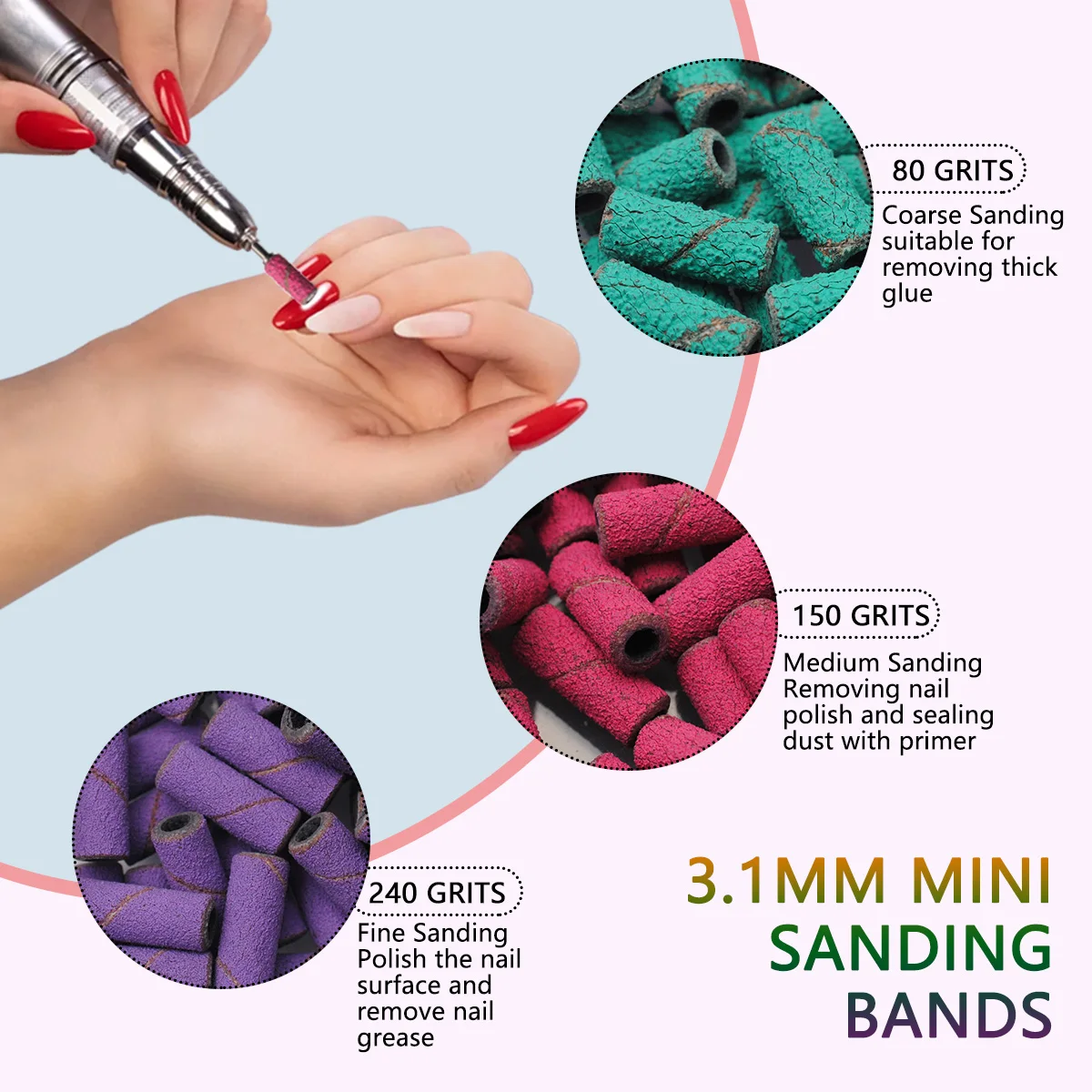100개 3.1mm 미니 샌딩 밴드 키트 네일 드릴 비트 맨드렐 세트 전동 매니큐어 액세서리 도구 각질 제거기
