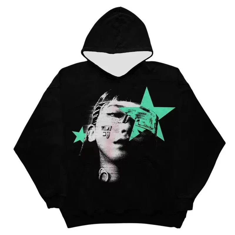 2000s Vintage Men\'s Streetwear Portrait Comic Print Long Sleeve Oversized Hoodies Y2K Gothic Harajuku Pullovers Sport Clothes