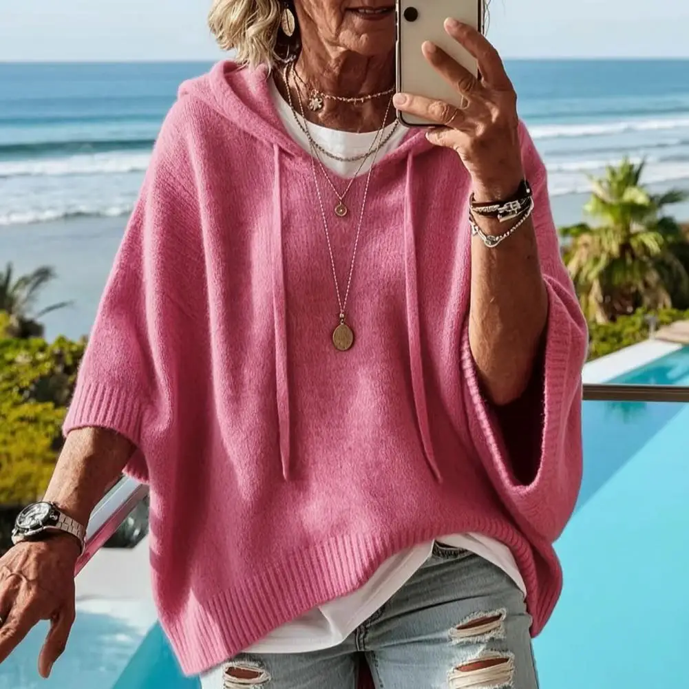Knit Oversized Sweaters Autumn Women Knit Pullover Sweater, Loose Drawstring Hooded Sweater 3/4 Sleeve Drop Shoulder Sweater