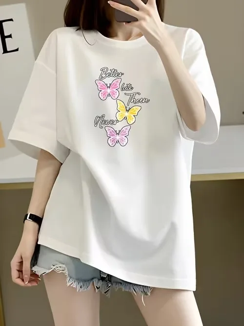 Korean Style T-shirt Y2K Butterfly Graphic Short-sleeved Shirt Better Late Than Never Quote Casual Top Versatile Crew Neck Tee