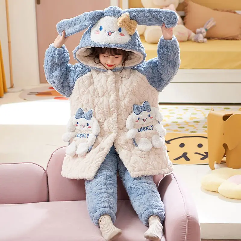 2 قطعة بيجامات الأطفال سانريو سينامورول جديد ثلاث طبقات القطن الشتاء سميكة الدافئة الفتيات الأميرة نمط الفانيلا ملابس المنزل