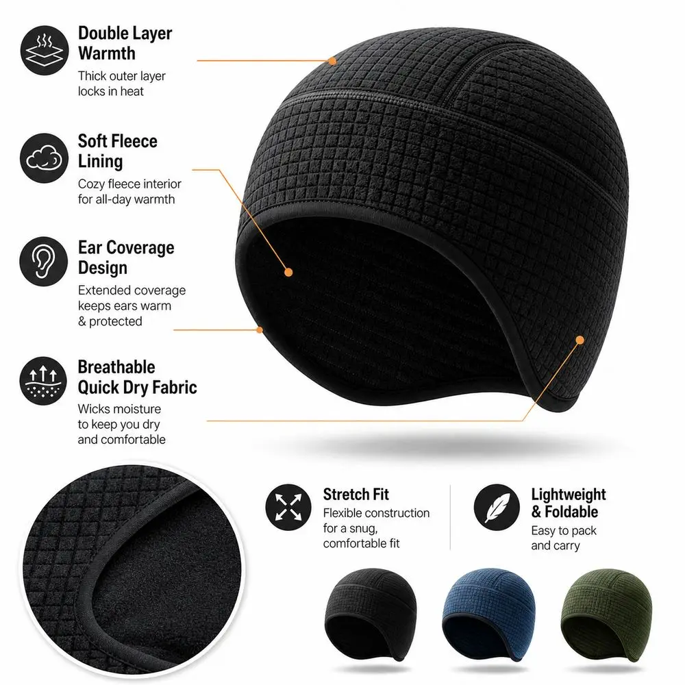 Double Layer Winter Beanie Fleece Lined Ear Coverage Ear Flap Beanie Quick Dry Breathable Fleece Lined Hat Running and Cycling