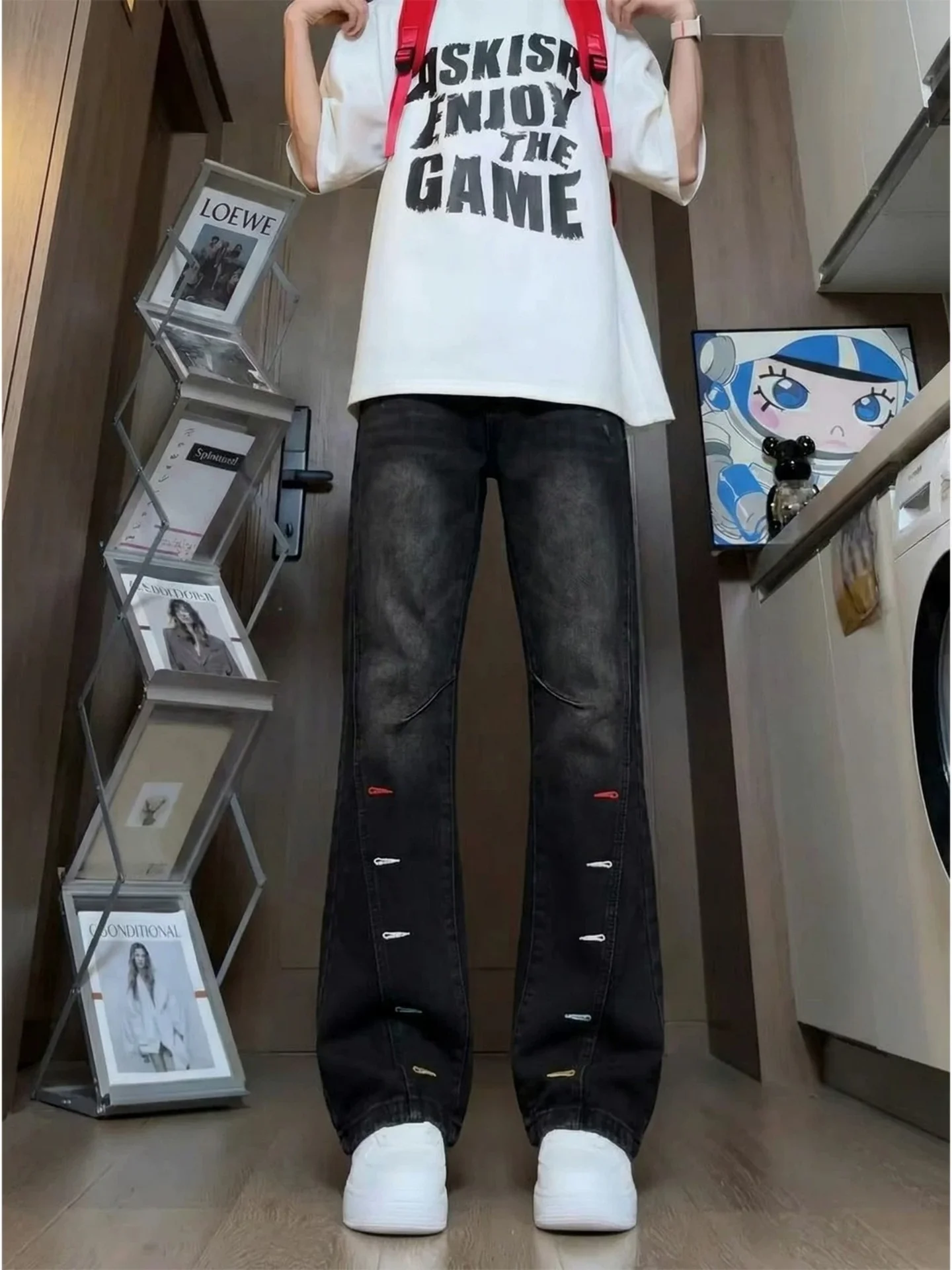 

American Style Button Hole Embroidered Straight Leg Jeans Men's High Street Trendy Brand Vibe Washed Black Micro Flared Knife...