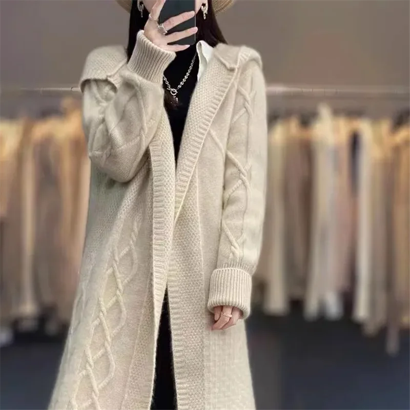 

Autumn Winter New Long Cashmere Sweater Knitted Cardigan Women Jacket Casual Thick Hooded Knitwear Sweaters Ladies Overcoat W754