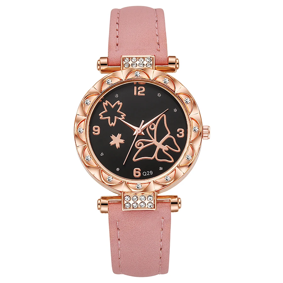 Butterfly fashion women's watch ins wind girls quartz abrasive leather strap watch full diamond women