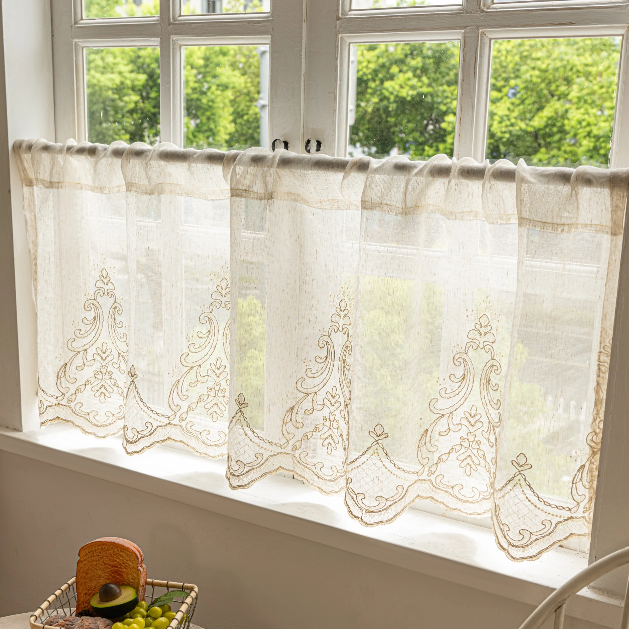 1pc Luxury Linen Look Embroidered Window Valance, French Country Sheer Kitchen Curtain with Scalloped Lace Hem, Vintage Style