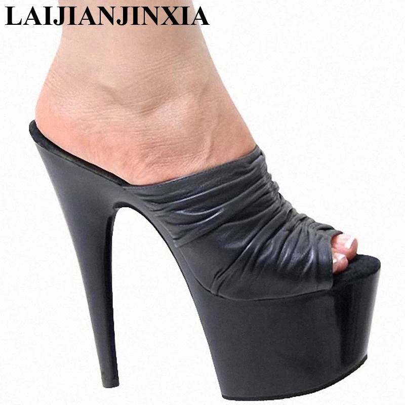 LAIJIANJINXIA New PU Sexy Exotic Pole Dancing Shoes Summer Women Slippers 17CM High Heels Size 34-46 G053