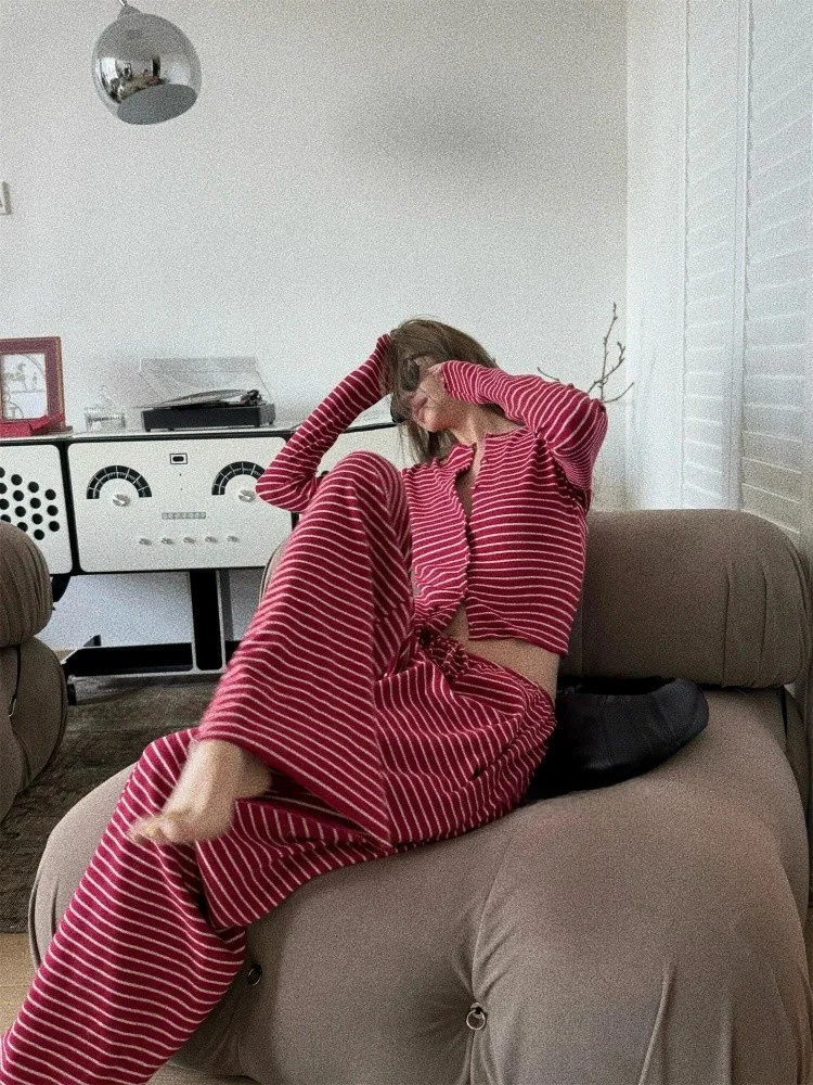 

Весенне-осенний милый полосатый цветной комплект Blo Long Sve, женский комплект одежды в Корейском стиле, домашняя одежда для девочек, верхняя одежда