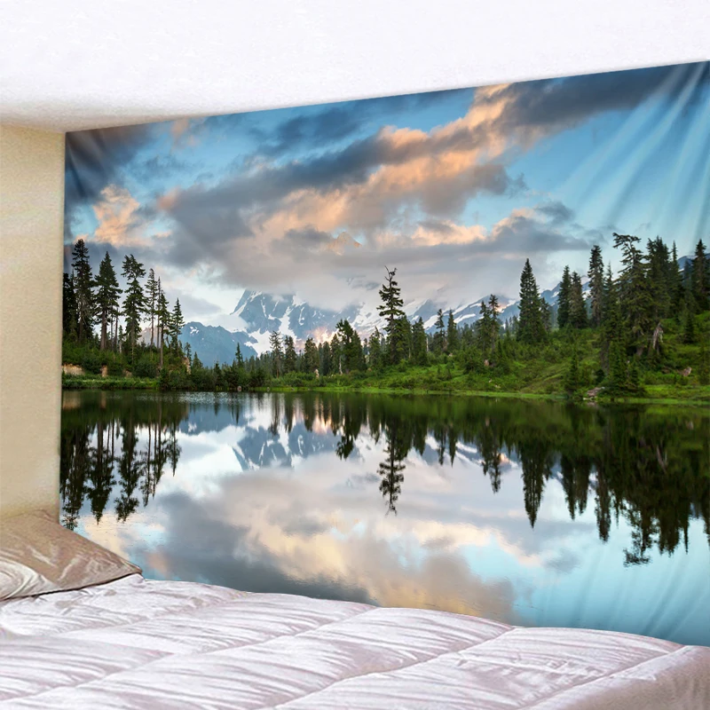 Forest waterfall elk landscape stream hippie wall hanging Bohemian murals bedroom living room decorative tapestry