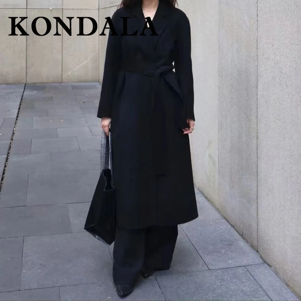

KONDALA Vintaege Black Autumn Fashion 2025 Chic Woman Streetwear Blend Coat Sashes Long Pockets Outwear Elegant Female Chic Coat