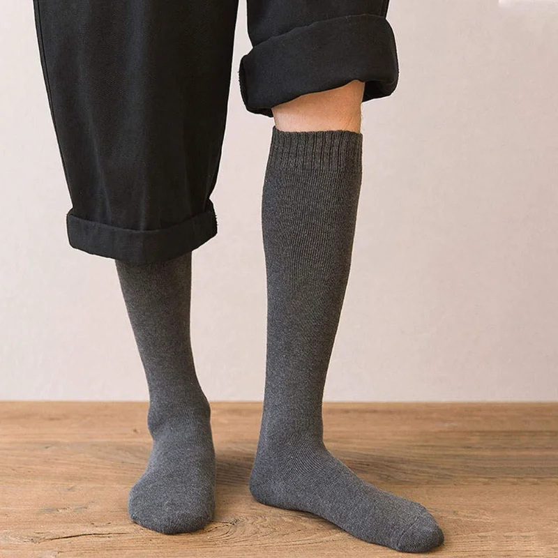 1pair Men\'s Knee Wool Long Socks Winter Thick Warm Harajuku Retro Compression High Tube Male Sock Unisex Plus Velvet Stockings