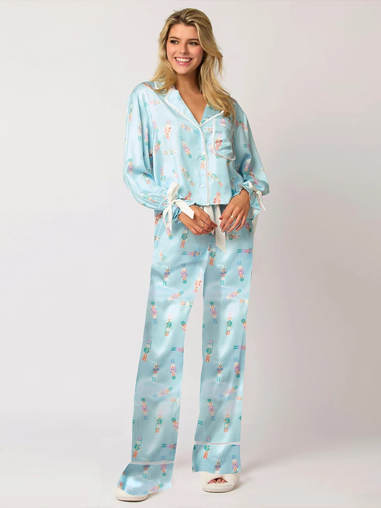 Casual Y2K Pink Bow Pajama Sets for Women 2 Piece Long Cute Long Sleeve Matching Lounge Shirts Sets 90S Santa Claus Pajamas