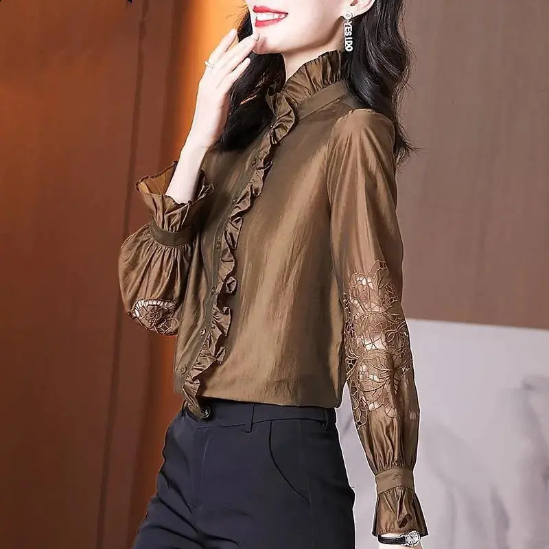 Elegant Female Vintage Ruffles Spliced Shirt Hollow Out Long Sleeve Stylish Stand Collar Solid All-match Blouse Women\'s Clothing