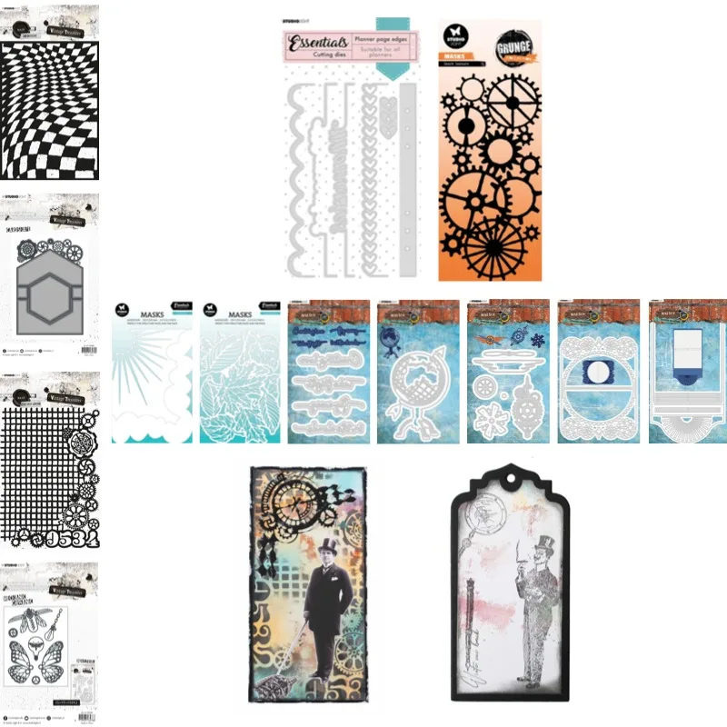 Checkered Grid and Gears Metal Cutting Dies And Stencil For Scrap Booking Stencil Embossing Mold DIY Paper Cards Craft Cutting