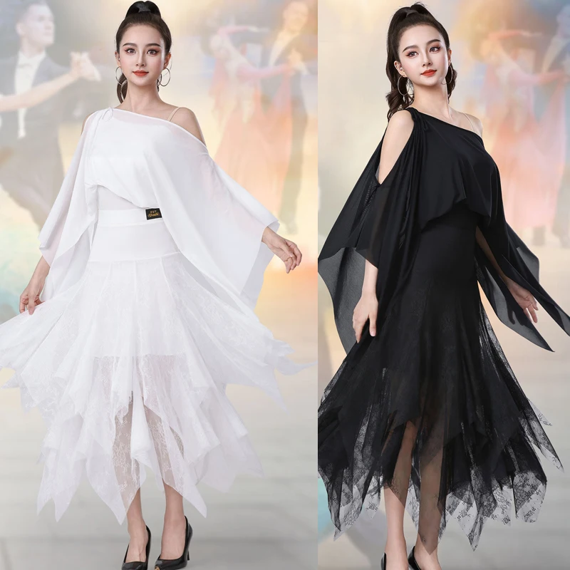 

Бело-черные современные танцевальные костюмы для взрослых, платья для бальных танцев, женские костюмы для румбы и латиноамериканских танцев, костюмы для выступлений SL15007