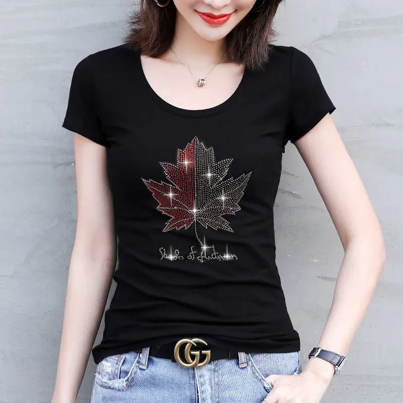 Summer Tops Foreign Style New Black White Hot Drill Short Sleeve T-shirt Women's Slim Cotton Tees Shirt