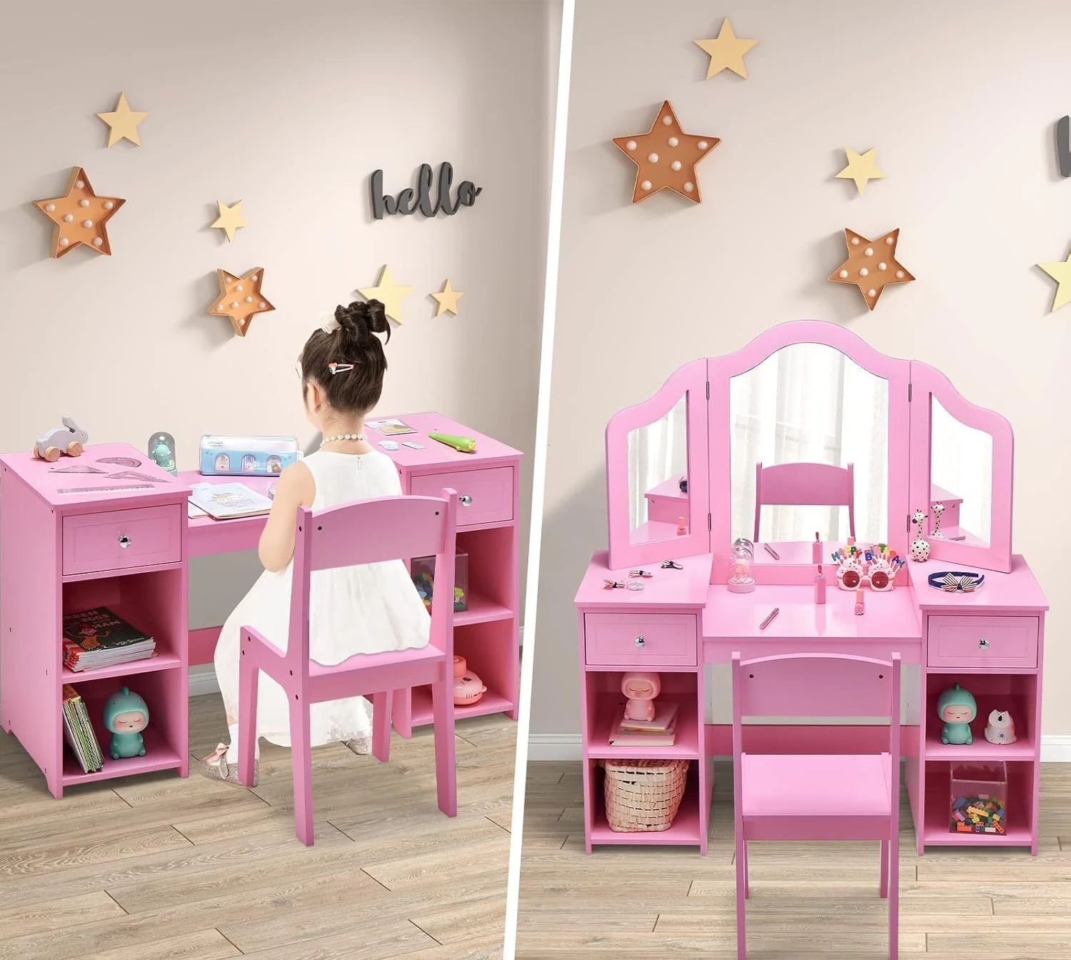 Dresser, makeup table and chair set, bedroom children's pink cute wind wooden three mirrors