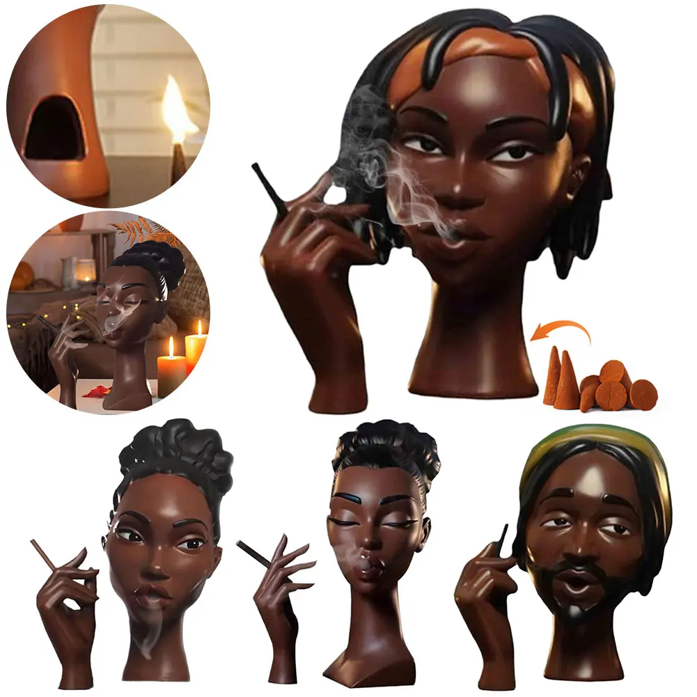 Head Scents Burner Black Women Lady Elegant Airflow Incense Burner Statue Black Woman Head Smoke Incense Burner Decoration