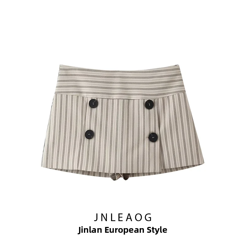 JNLEAOG Summer New Women's Fashion Striped Button Decorated Skirt Pants Standard Version mid Waist Polyester Casual A-Line Skirt