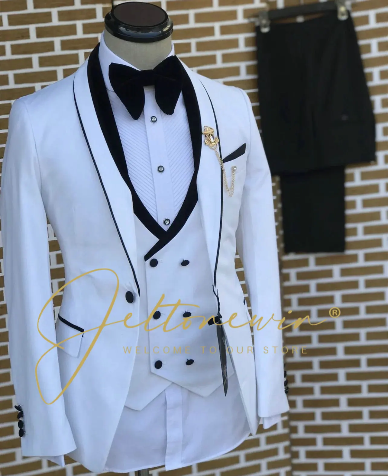 

White Men Blazer Suit for Wedding Shawl Lapel Custom Male Suits Groom Tuxedo Groomsmen Party Wear 3 Pieces (Jacket+Vest+Pants)