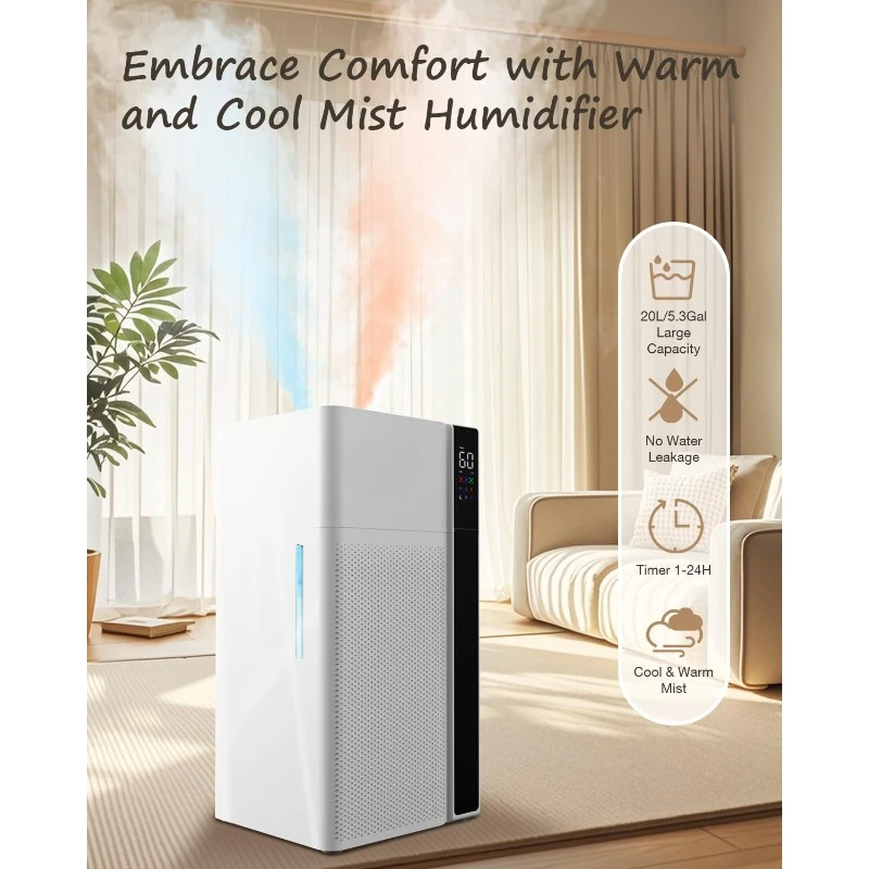 Warm and Cool Mist Humidifier Large Room,5.3Gal/20L Whole House Humidifiers for Home, Quickly & Evenly Humidify Larger Areas