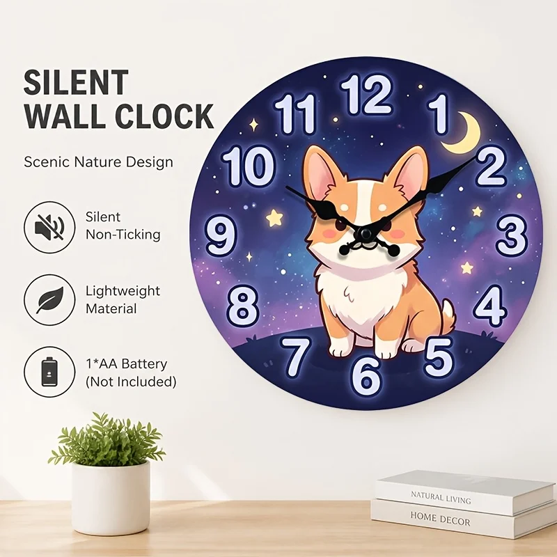 1pc, Star Sky Corgi Silent Wall Clock, Round Quartz Clock for Bedroom and Living Room Decor, the Perfect Gift