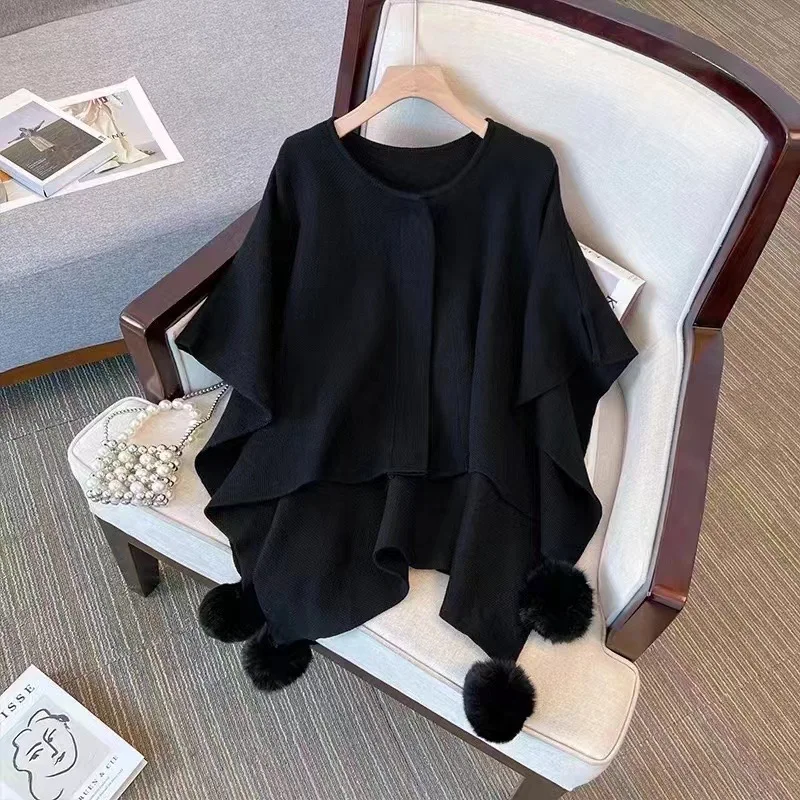 Mode irrégulière boules de fourrure de lapin couvrant fil tricot Cape manteau manches chauve-souris Cardigan Poncho femmes automne hiver Cape
