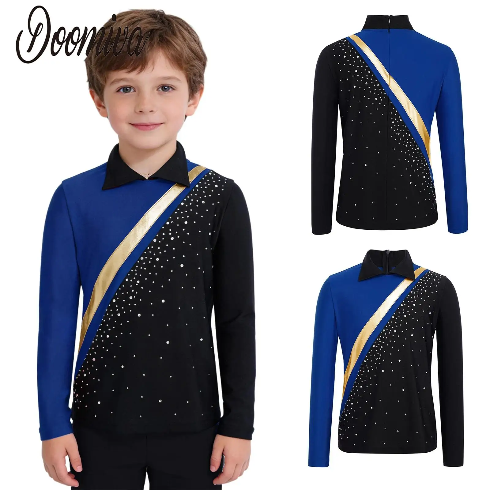 

Kids Boys Figure Skating Tango Jazz Ballet Latin Performance Costume Shirts Contrast Color Dancewear Long Sleeve Rhinestones Top