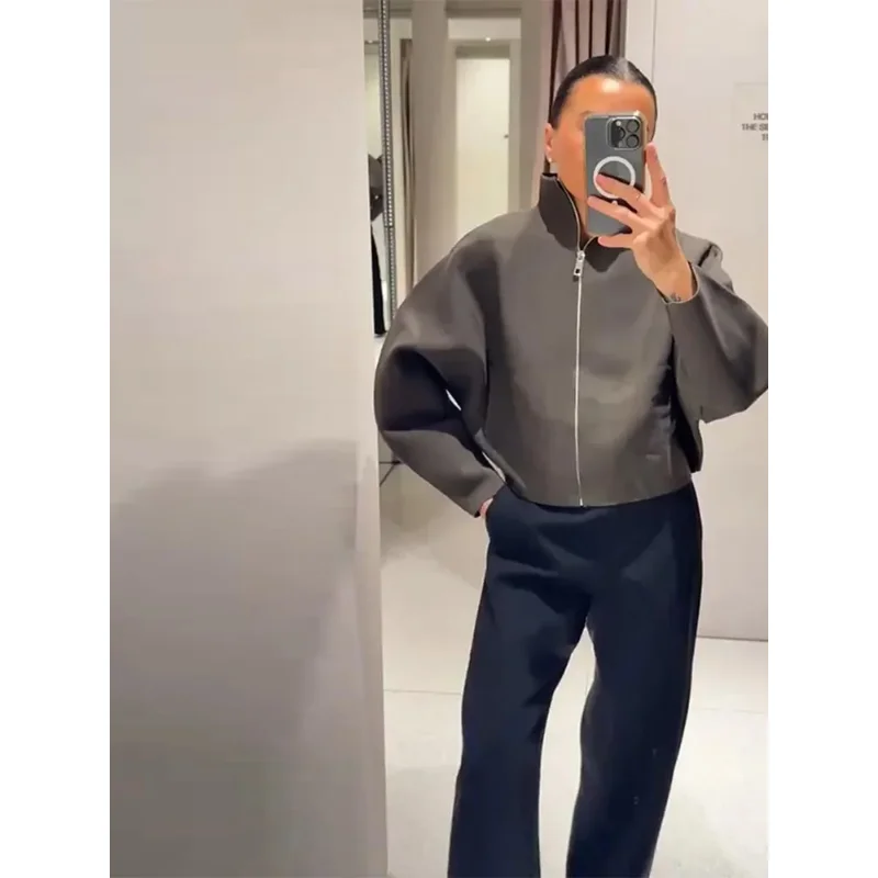 Moda damska 2025: Luźna kurtka z długim rękawem, jednolita, z klapami, pełny rękaw, zapinana na zamek, luźny krótki płaszcz, odzież wierzchnia do codziennych dojazdów do pracy.