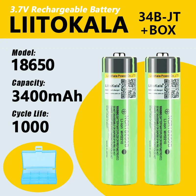 1-30pcs LiitoKala 34B-JT NCR18650B 3.7v 3400 mAh 18650 Lithium Rechargeable Battery with Pointed (No PCB) batteries + 18650 box