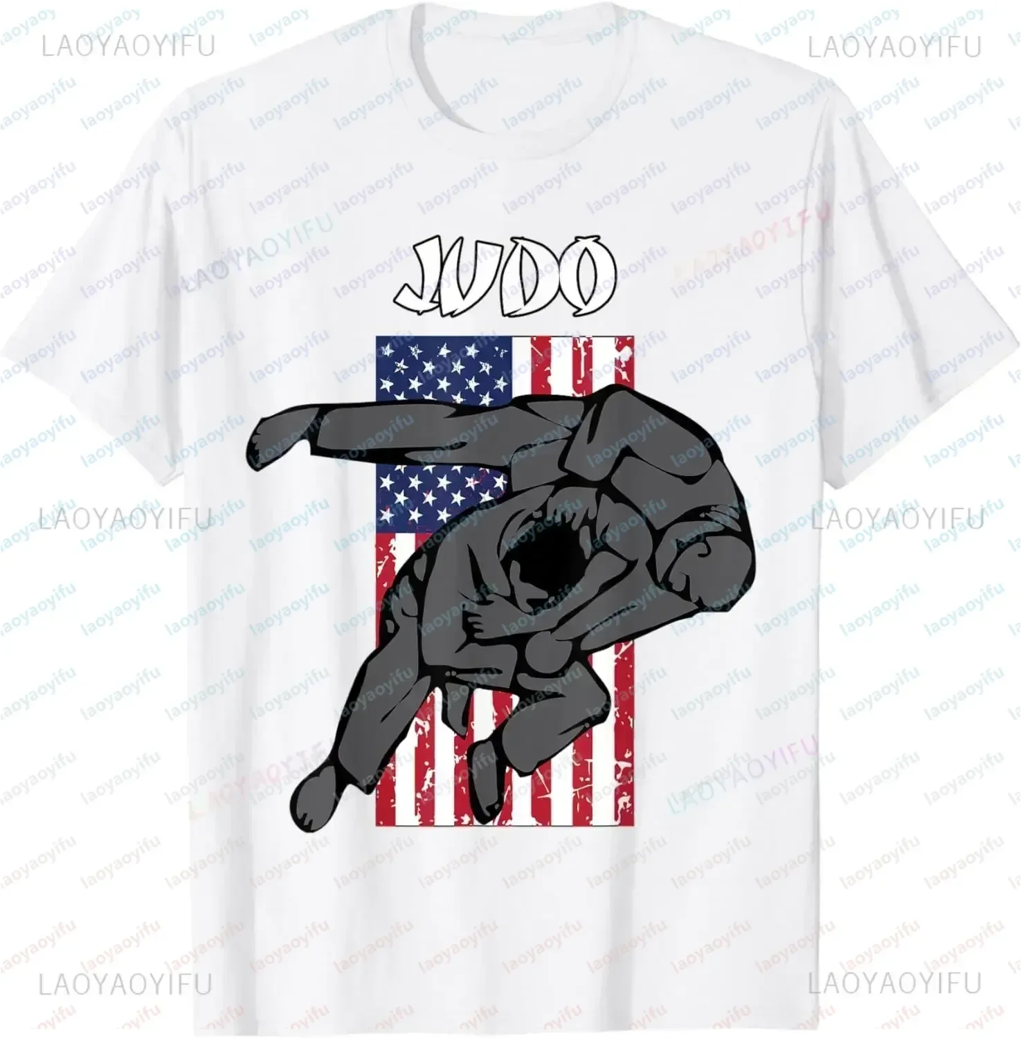 The Judo Sparring Design Combines Casual Summer T-shirts with Badges and American Flags